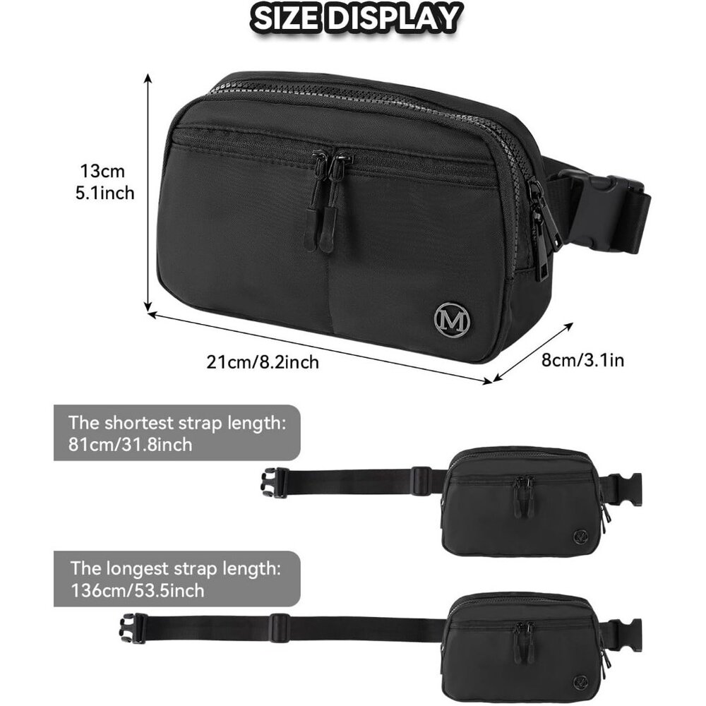 Womens Black Fanny Pack 2L Crossbody Belt Bag Waterproof 5 Zipper Pockets - Picture 4 of 7
